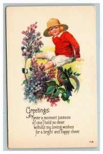 Vintage 1920's Greetings Postcard Cute Girl Straw Hat Purple Flowers Bird Poem