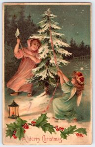 1908 ANGELS CHOP CUT DOWN TREE w/AX EMBOSSED VICTORIAN CHRISTMAS POSTCARD