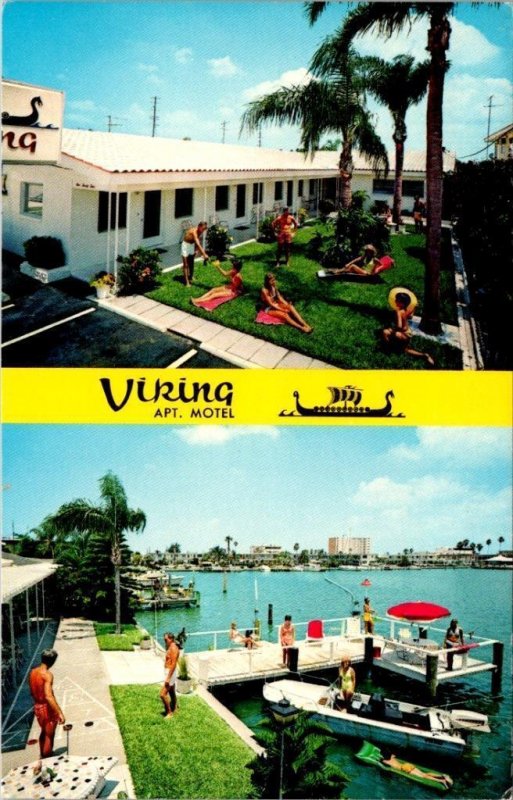 Clearwater Beach, FL Florida VIKING APT MOTEL Boat Dock/Patio ROADSIDE  Postcard