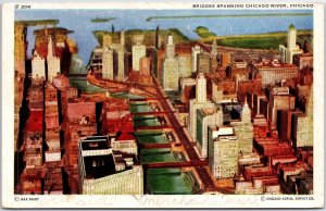 VINTAGE POSTCARD AERIAL VIEW OF THE BRIDGES SPANNING THE CHICAGO RIVER