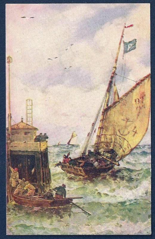 Off to Sea Sailing Dock Rough Waters unused c1910's