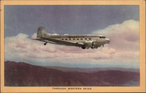 Western Airlines Airplane in Flight 1940s-50s Linen Postcard