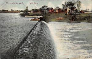 Columbus Wisconsin~Mill Dam~Houses in Background~1908 Postcard