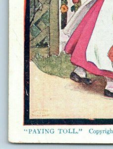 Children Kissing Paying Toll Postcard Girl Holding Doll Boy Military Outfit 