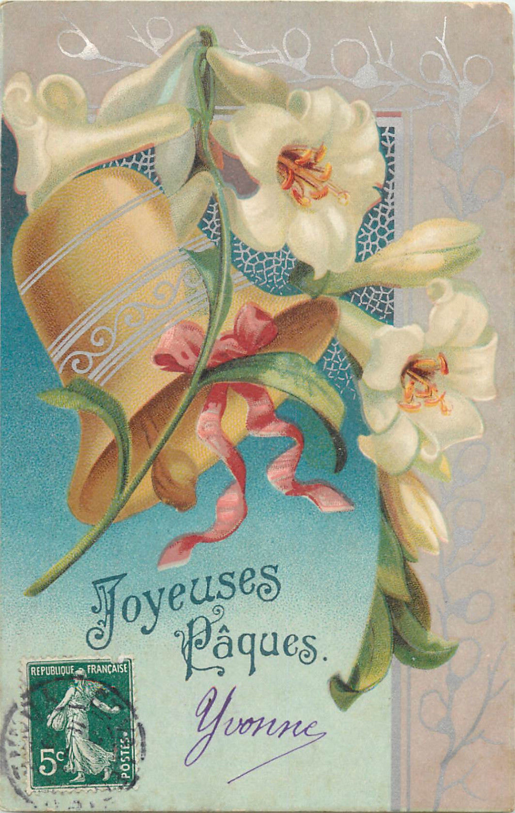 Easter Vintage Fantasy Chromo Postcard France Joyeuses Paques Floral Bell Hippostcard