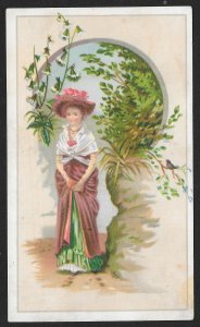 VICTORIAN TRADE CARD Heintz Leading Boot Shoe House Standing Pretty Lady Nature