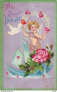 VALENTINE'S DAY, PU-1911; Cupid juggling hearts on sail boat, Big reddish pin...