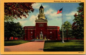 Vtg Norwalk Connecticut CT Norwalk High School Building 1940s Linen Postcard