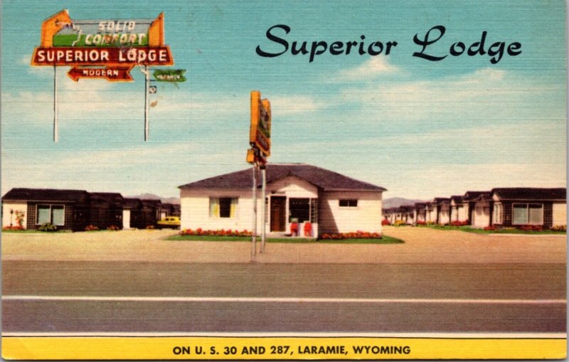 Linen Postcard Superior Lodge on U.S. Highways 30 & 287 in Laramie, Wyoming