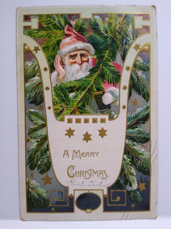 Santa Claus Christmas Postcard 1909 Peeking Behind Tree Branch Tucks Series 505 