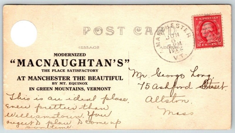 RPPC Real Photo Postcard - Green Mountains, Vermont - Macnaughtan's Ad - 1922