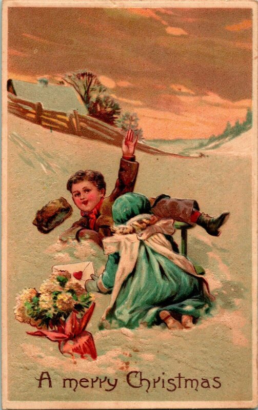 Vtg Carte Postale 1900s Un Joyeux Noël En Relief Enfants Jouant En Neige Unp Topics 