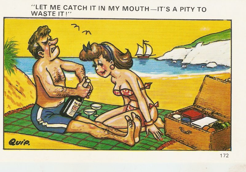 Let me catch it in my mouth... Humorous saucy Eglish PC 1950s