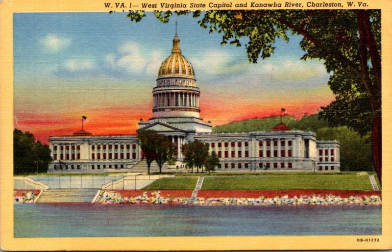 West Virginia Charleston State Capitol Building and Kanawha River Curteich