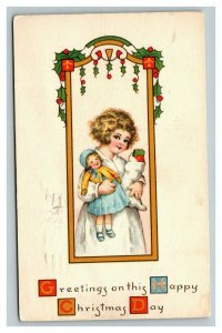 Vintage 1919 Christmas Postcard Cute Girl with Her Xmas Presents Mistletoe