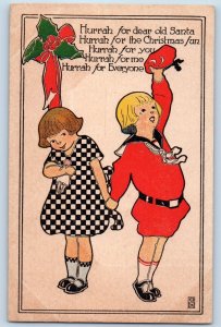 Christmas Postcard Hurrah For Dear Old Santa Children With Doll Berries 1914