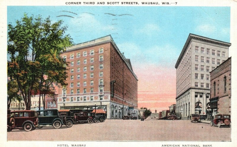 Vintage Postcard 1938 Corner Third & Scott Streets Hotel Bank Wausau Wisconsin