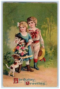 1910 Birthday Greeting Children Cat Flowers Dog Woodhaven New York NY Postcard