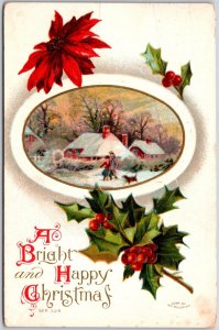 A Bright and Happy Christmas Day, 1910 Greetings, Snow House & Holly, Postcard