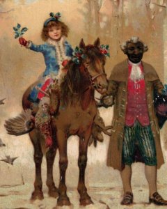 1880s A&P Tea Co. Large Christmas Card Forest Child On Horse Colonial Man #5E