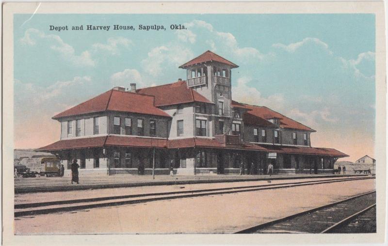 Oklahoma OK Postcard SAPULPA c1910 DEPOT & HARVEY HOUSE Railroad Station 2