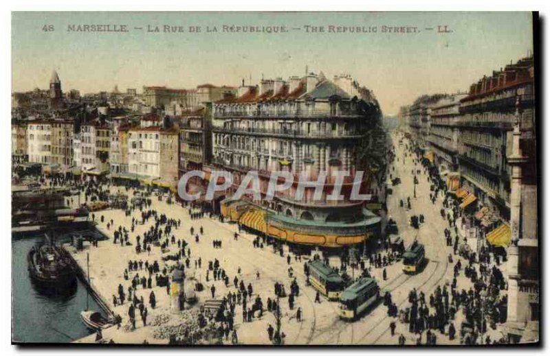 Old Postcard Marseille Rue de la Republic Tram