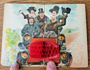 Vintage Postcard Fold Out Honeycomb Novelty Fancy People Driving a Car Pop Up