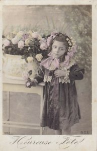 RP: HAPPY HOLIDAY, Heureuse Fete, Little Girl w/pink ribbons, Roses, PU-1908