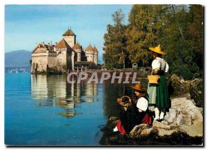 Modern Postcard Chateau de Chillon near Montreux and ladies in costume Vaud