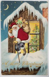 Christmas Silk Santa with Cane with Sack of Toys Embossed Postcard X9