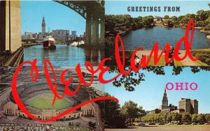 Cleveland Ohio~4 Views~Ship under Bridge~Stadium~1950s Large Letter Postcard