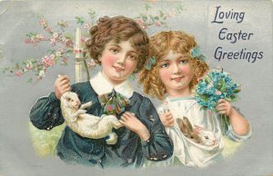 Embossed Tuck Easter Postcard 112 Children Hold Bunny Rabbits