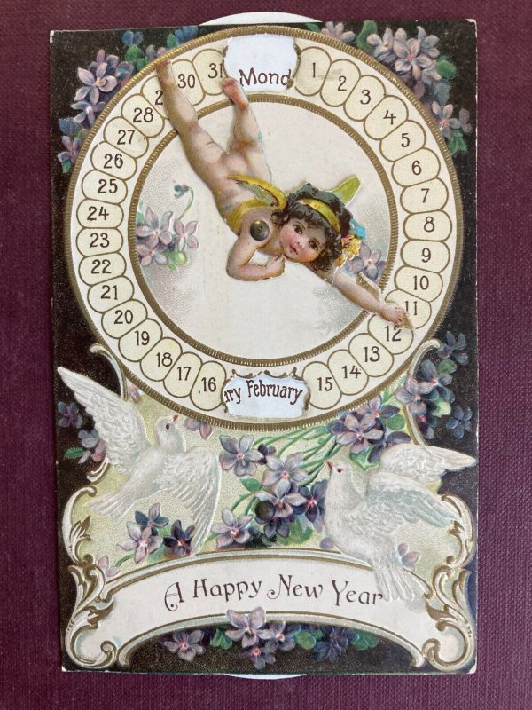 New YEar Cherub Doves Calendar Spinner Mechanical c1910 Postcard