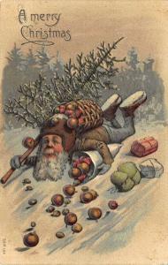 A merry Christmas Brown Robed Santa Claus Falling Down 1906 Postcard 