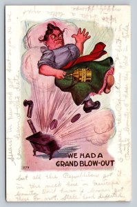 C1906 Grand Blow-Out Woman Flies with Stove Explosion ANTIQUE Postcard 1271