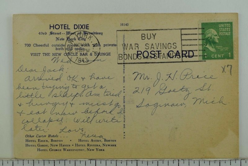 Al Trace, Hotel Dixie, Broadway N. Y. C. Vintage Postcard P55