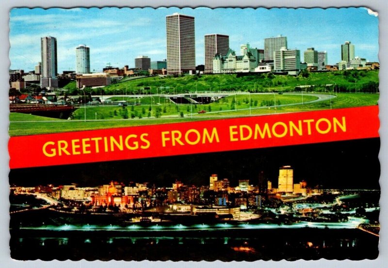 Day & Night Views From North Saskatchewan River, 1975 Edmonton Alberta Postcard