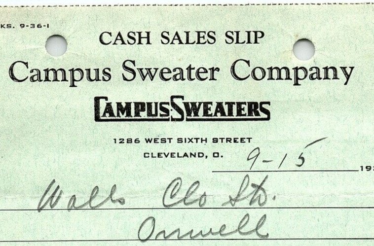 1937 CAMPUS SWEATER COMPANY CLEVELAND OH WALLS ORRVILLE BILLHEAD CASH SLIP Z3538