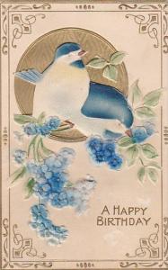 Happy Birthday Blue Birds and Blue Flowers Embossed and Embroidered