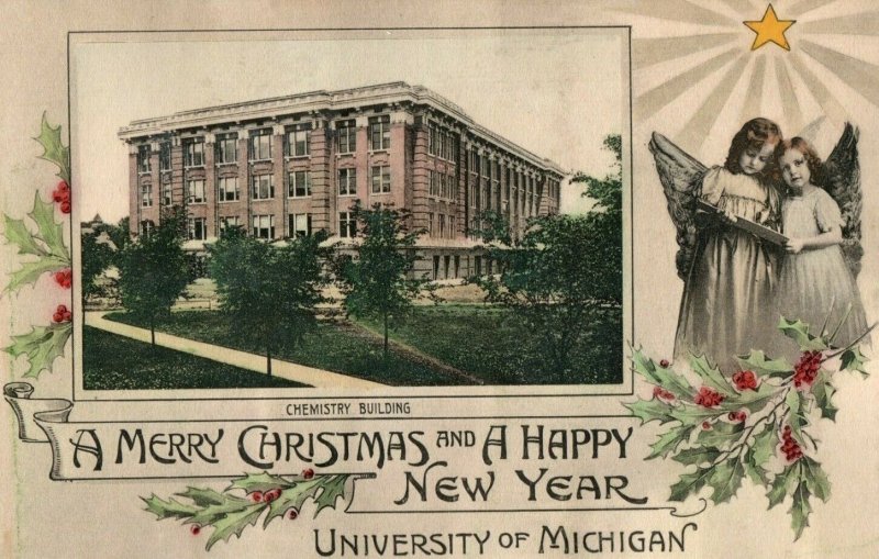 C. 1910 University Of Michigan Xmas Hand Colored Chem Building, MI Postcard F58