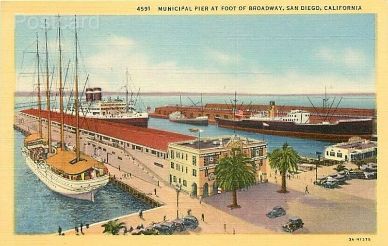 CA, San Diego, California, Broadway, Municipal Pier, Western Publishing No. 4591