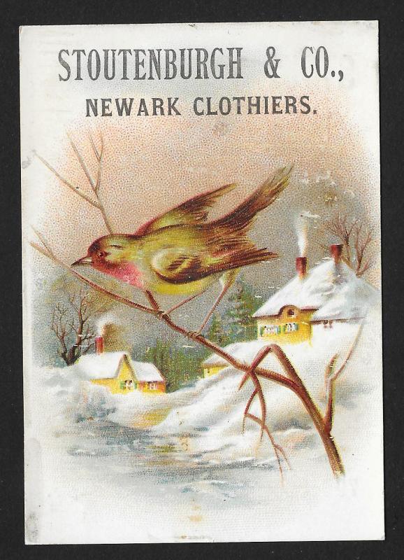 VICTORIAN TRADE CARD Stoutenburgh & Co Clothiers Bird on Twig Winter View