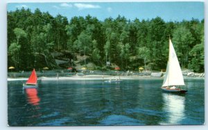 BOOTHBAY HARBOR, Maine ME ~ Beach SPRUCEWOLD LODGE Sailboats c1960s  Postcard