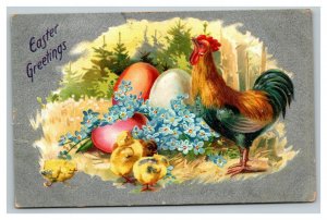 Vintage 1910's Tuck's Easter Postcard Hen with Cute Chicks Colored Eggs Flowers