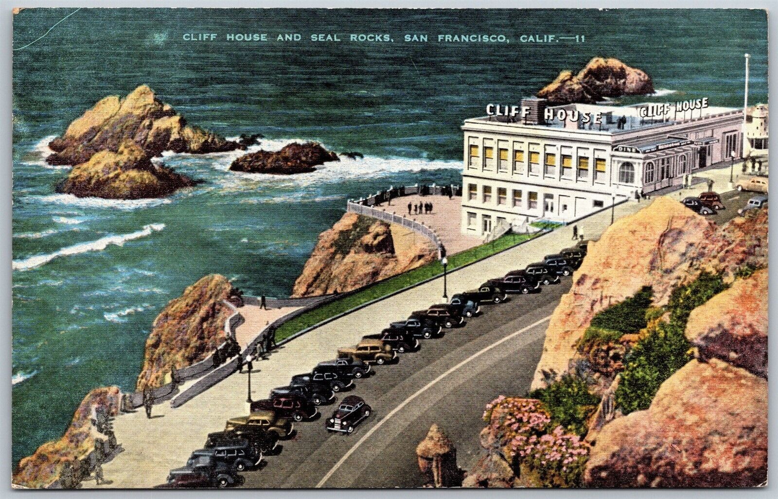 Vtg San Francisco CA Cliff House & Seal Rocks 1940s Old Linen VIew