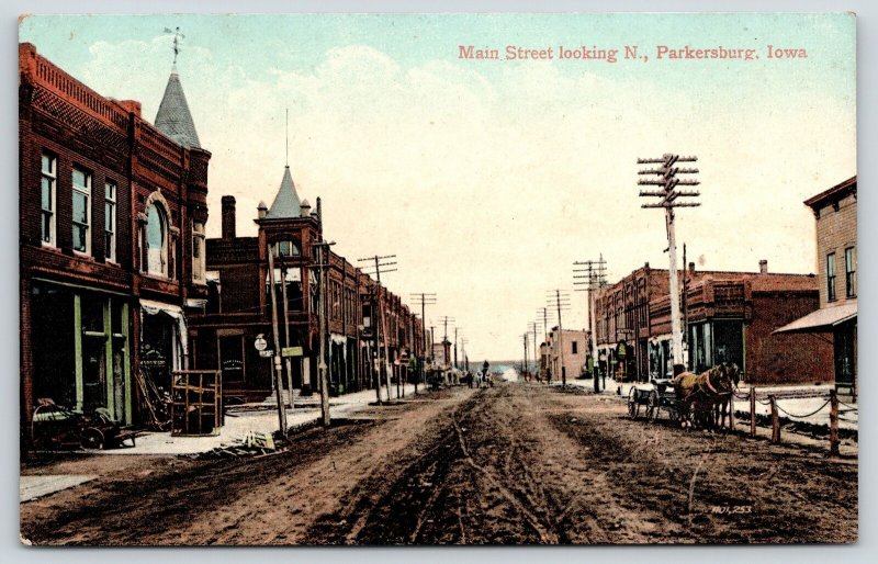 Parkersburg Iowa~Muddy Main Street~Hardware Store Junk Outside~Horse Wagon~1908 