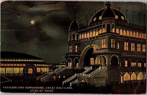 Pavilion and Hippodrome, Great Salt Lake UT at Night c1920s Vintage Postcard Q16