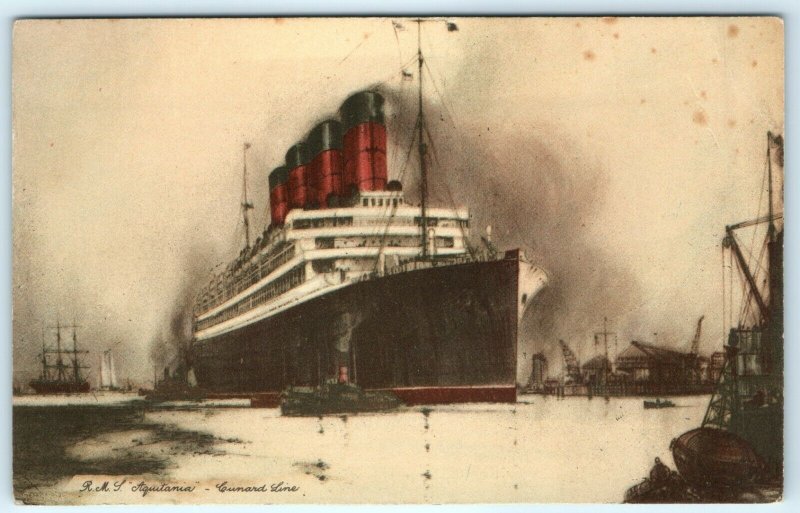 c1910s R.M.S. Aquitania Cunard Steamship Postcard Nice Litho Original Ship A10