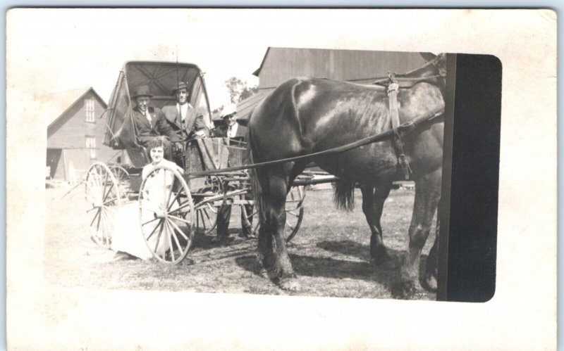 c1900s Cool Men Big Horse Drawn Carriage RPPC Farm Girl Smile Real Photo PC A135