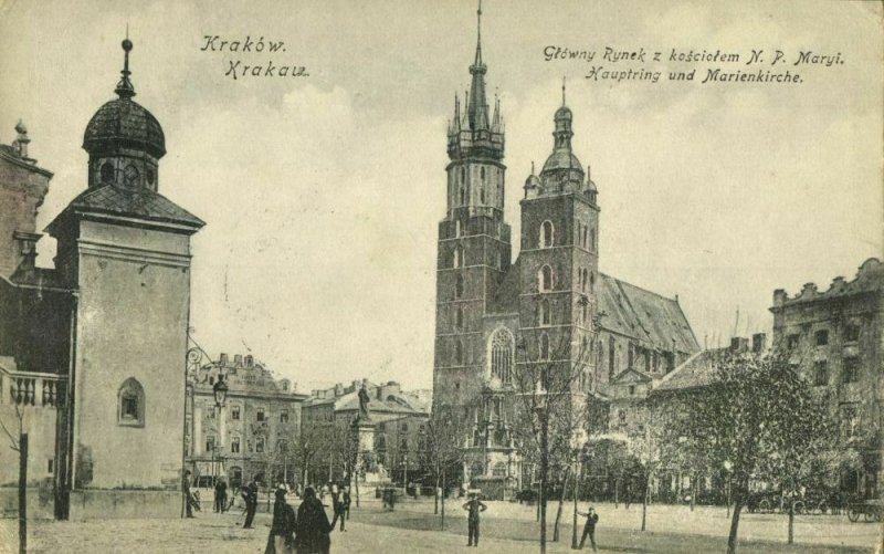 poland, KRAKOW CRACOW, Główny Rynek z Kościółem N.P. Maryi (1907) Postcard 